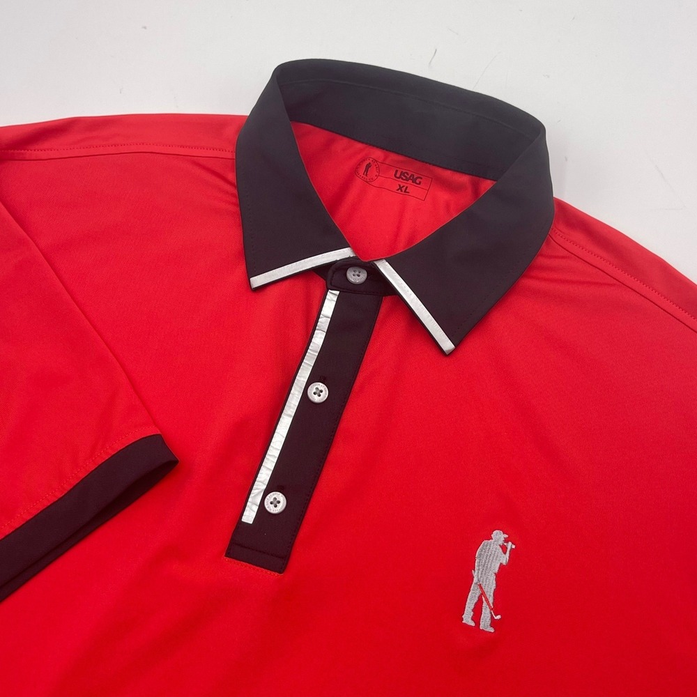 U Suck At Golf USAG Mens XL Performance Polo Shirt Red Black Contrast Trim